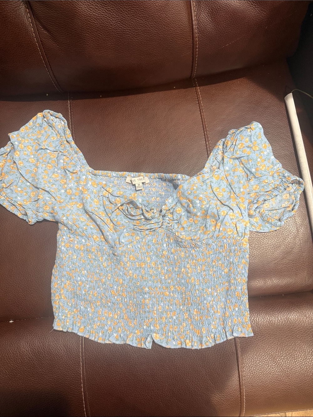 Love Tree Blue Floral Smocked Crop Top